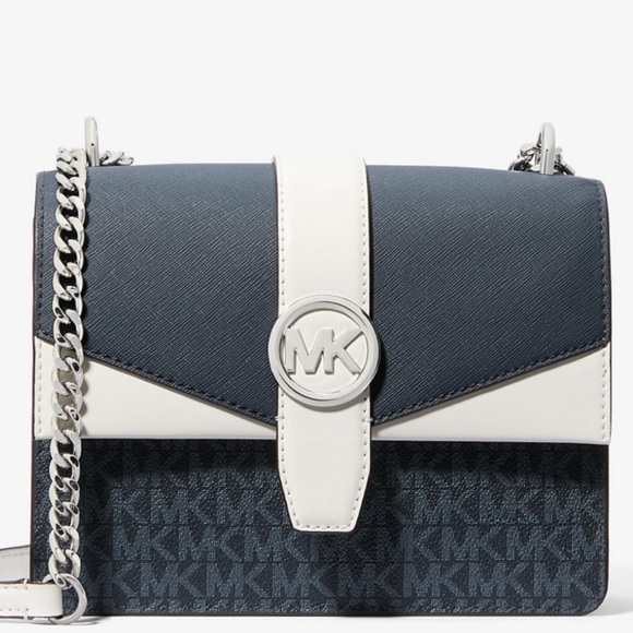 Michael Kors Greenwich Small Color-Block Signature Crossbody Bag Admiral Blue - Picture 1 of 9